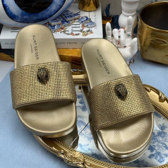 🆕 KURT GEIGER LONDON 🧿 NWOB Meena Eagle Gold Crystal Studded Slide, Sz US 8 - Picture 4 of 13